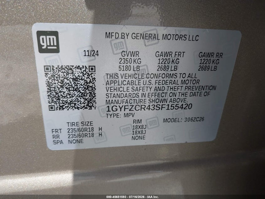 2025 Cadillac Xt4 Fwd Premium Luxury VIN: 1GYFZCR43SF155420 Lot: 45651593
