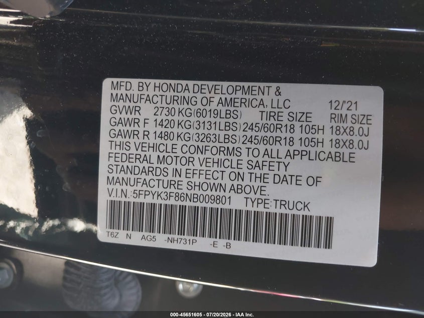 2022 Honda Ridgeline Black Edition VIN: 5FPYK3F86NB009801 Lot: 45651605