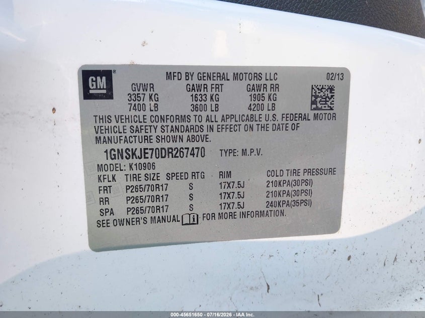 2013 Chevrolet Suburban Lt VIN: 1GNSKJE70DR267470 Lot: 45651650