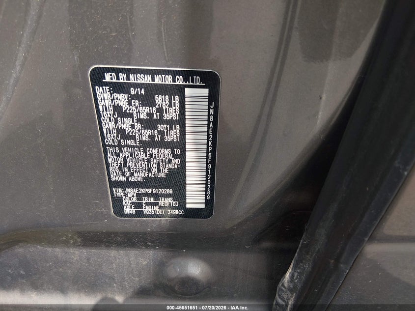 2015 Nissan Quest Sv VIN: JN8AE2KP6F9120289 Lot: 45651651