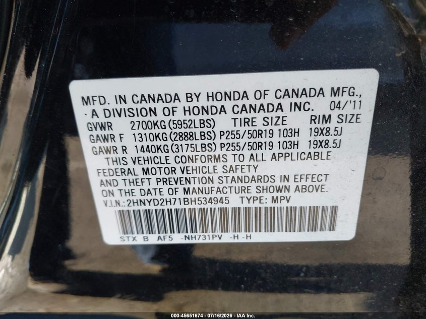 2011 Acura Mdx Advance Package VIN: 2HNYD2H71BH534945 Lot: 45651674