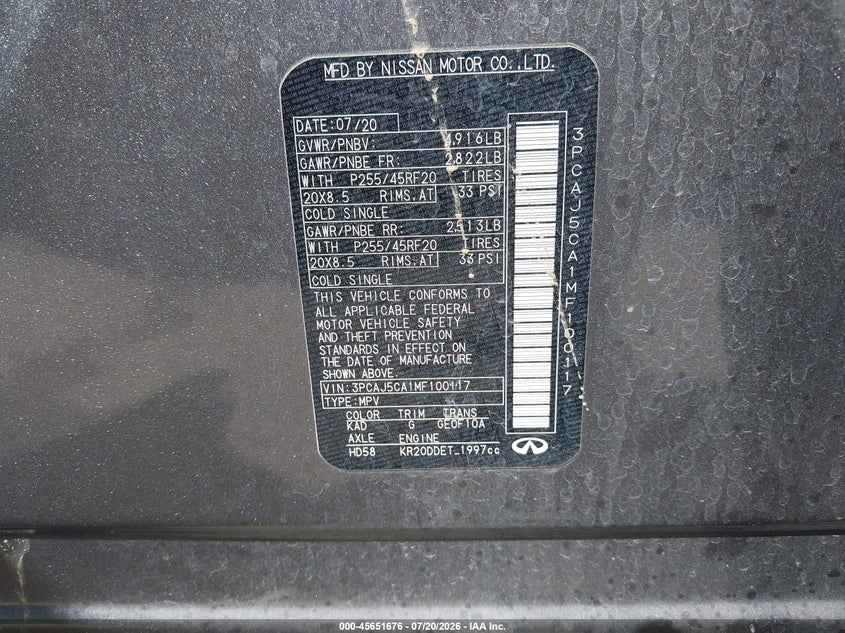 2021 Infiniti Qx50 Sensory VIN: 3PCAJ5CA1MF100117 Lot: 45651676