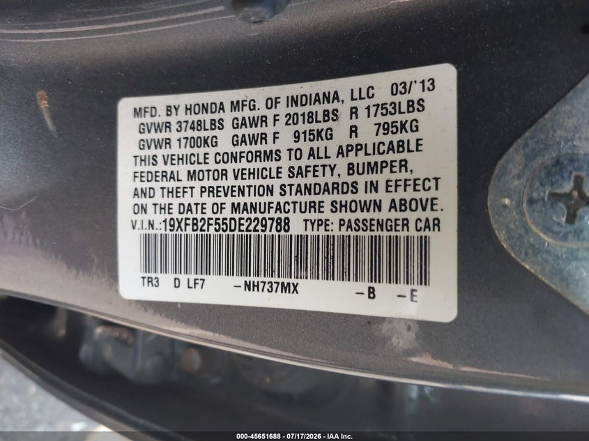 2013 HONDA CIVIC SEDAN 1.8L I-4 VVT, 140HP