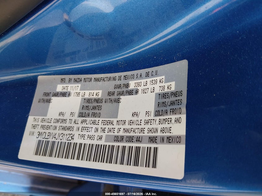 2018 Toyota Yaris Ia VIN: 3MYDLBYV4JY311234 Lot: 45651697