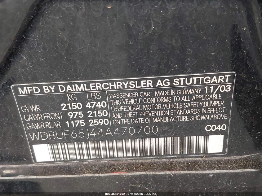 2004 Mercedes-Benz E 320 VIN: WDBUF65J44A470700 Lot: 45651702
