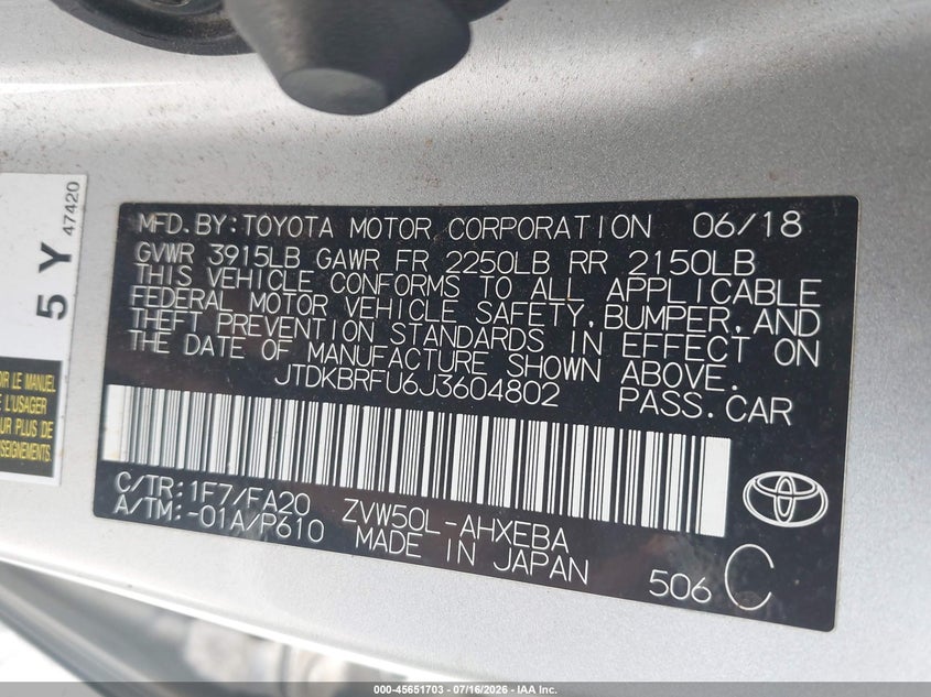 2018 Toyota Prius VIN: JTDKBRFU6J3604802 Lot: 45651703