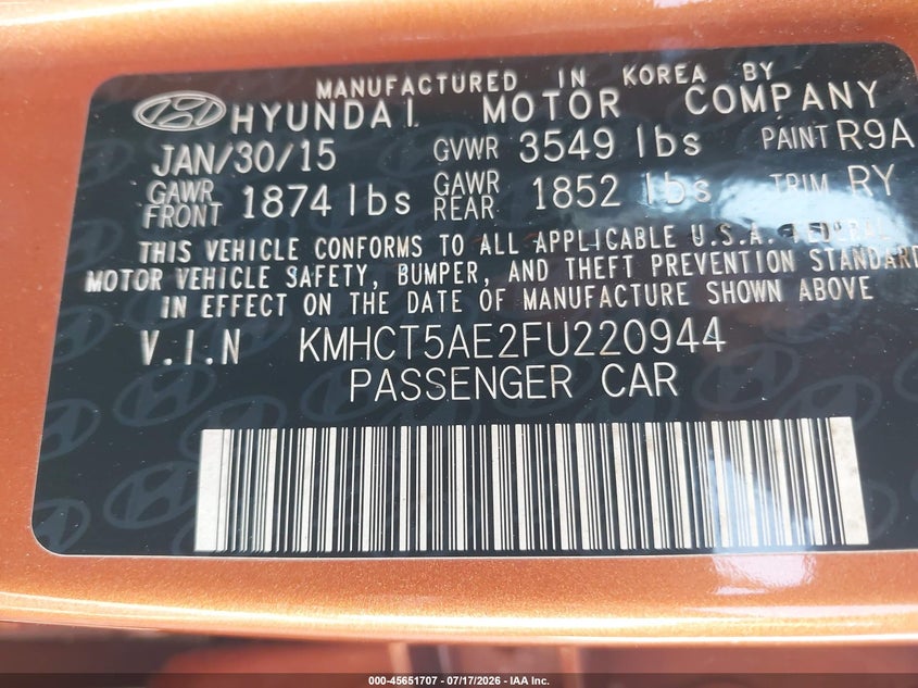 2015 Hyundai Accent Gs VIN: KMHCT5AE2FU220944 Lot: 45651707