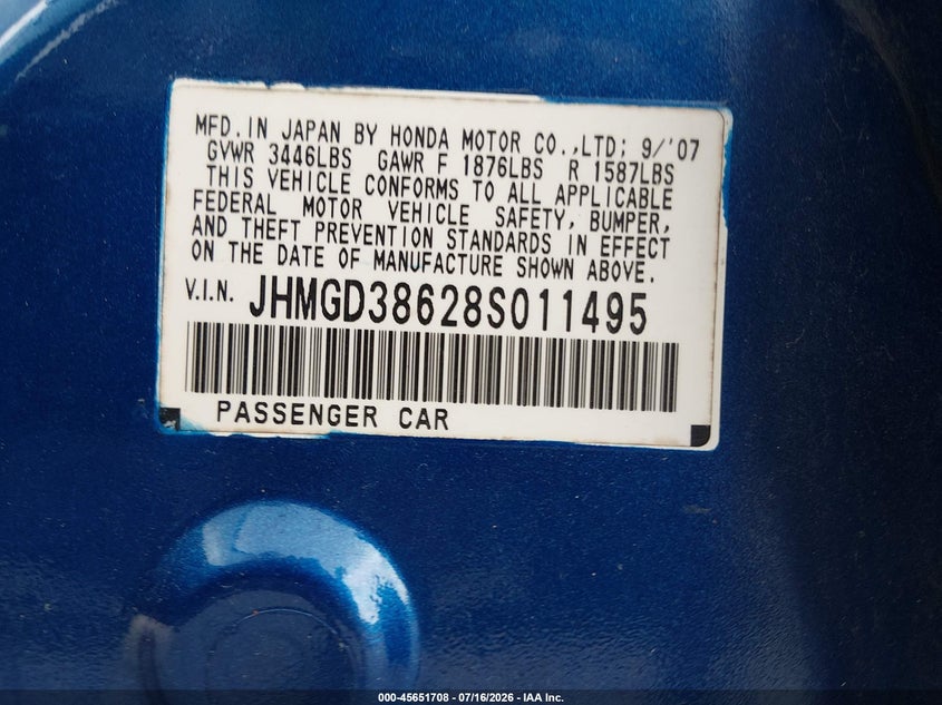 2008 Honda Fit Sport VIN: JHMGD38628S011495 Lot: 45651708