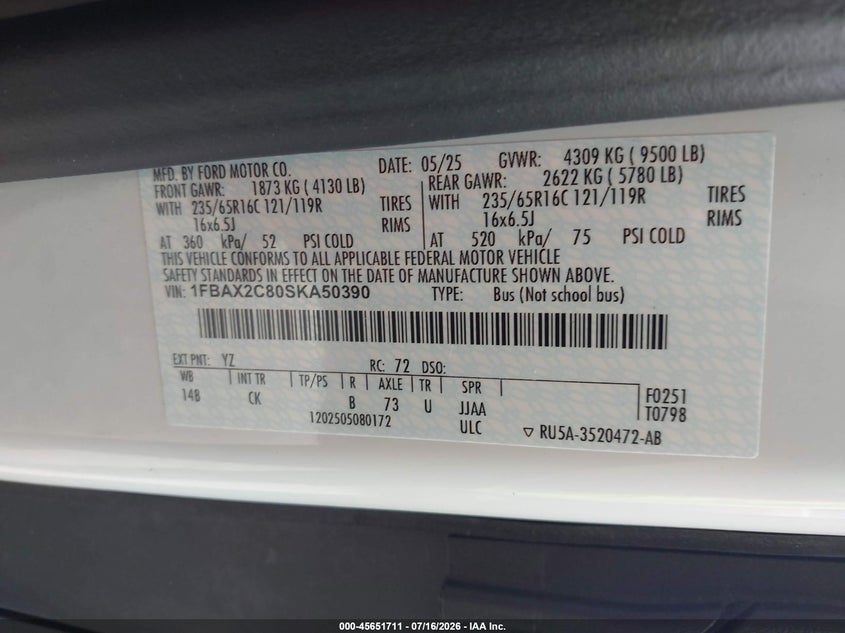 2025 Ford Transit-350 Passenger Van Xlt VIN: 1FBAX2C80SKA50390 Lot: 45651711