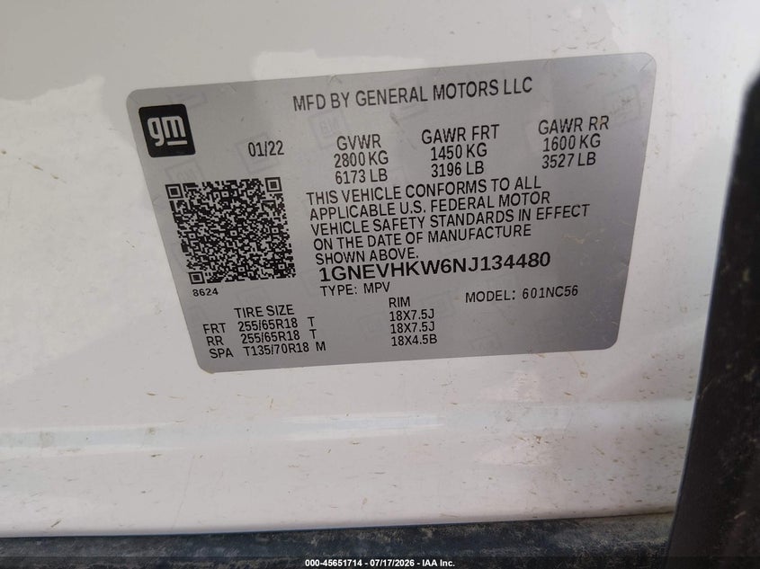 2022 Chevrolet Traverse Awd Lt Leather VIN: 1GNEVHKW6NJ134480 Lot: 45651714