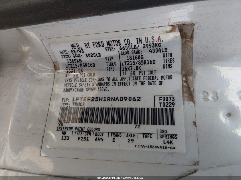 1994 Ford F250 VIN: 1FTEF25H1RNA09062 Lot: 45651719