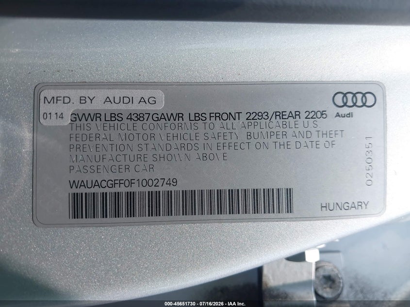 2015 Audi A3 1.8T Premium VIN: WAUACGFF0F1002749 Lot: 45651730