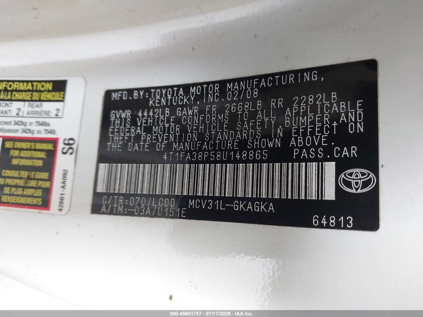 2008 Toyota Camry Solara Sle VIN: 4T1FA38P58U148865 Lot: 45651757