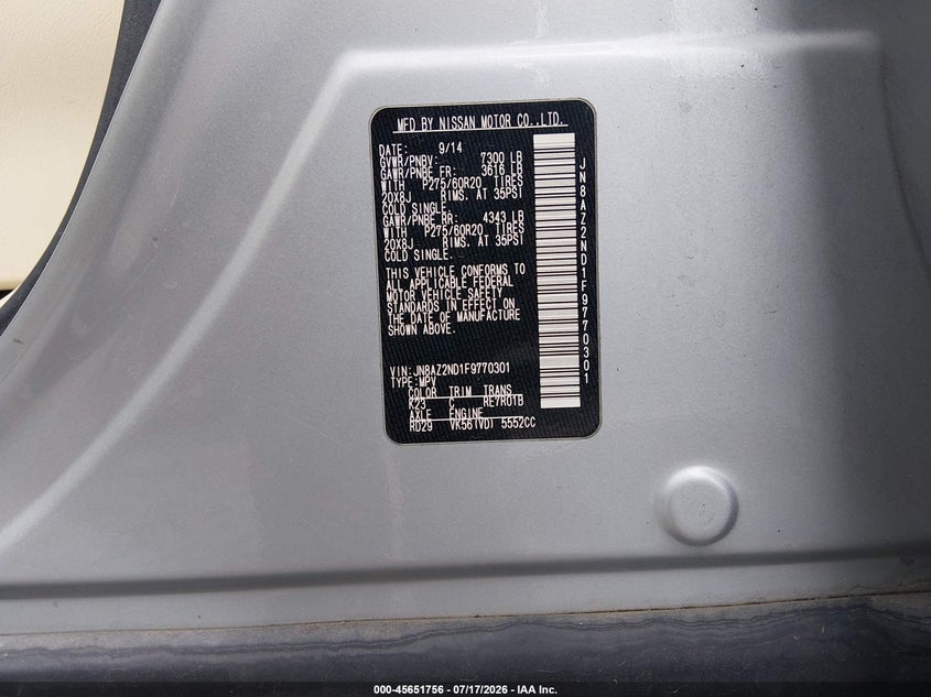 2015 Infiniti Qx80 VIN: JN8AZ2ND1F9770301 Lot: 45651756