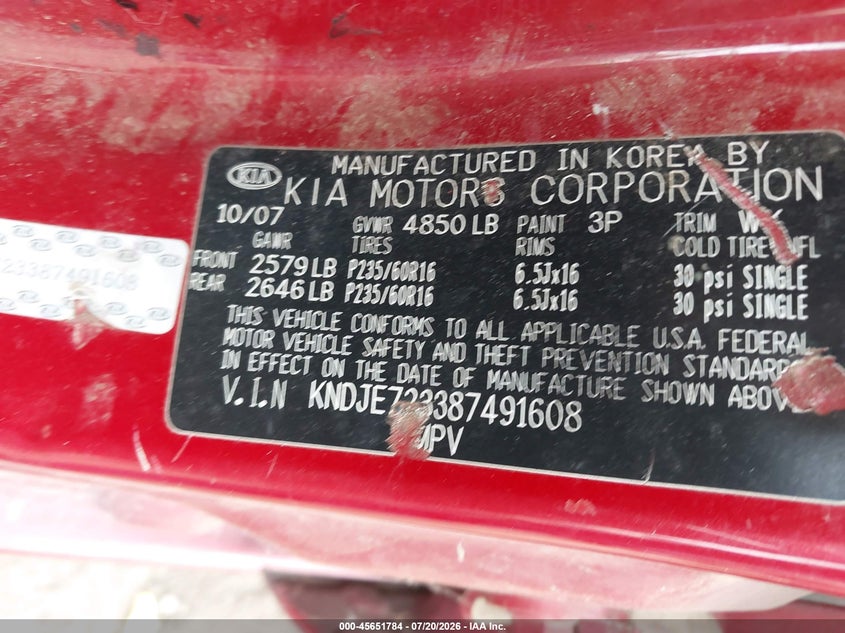 2008 Kia Sportage Lx V6 VIN: KNDJE723387491608 Lot: 45651784