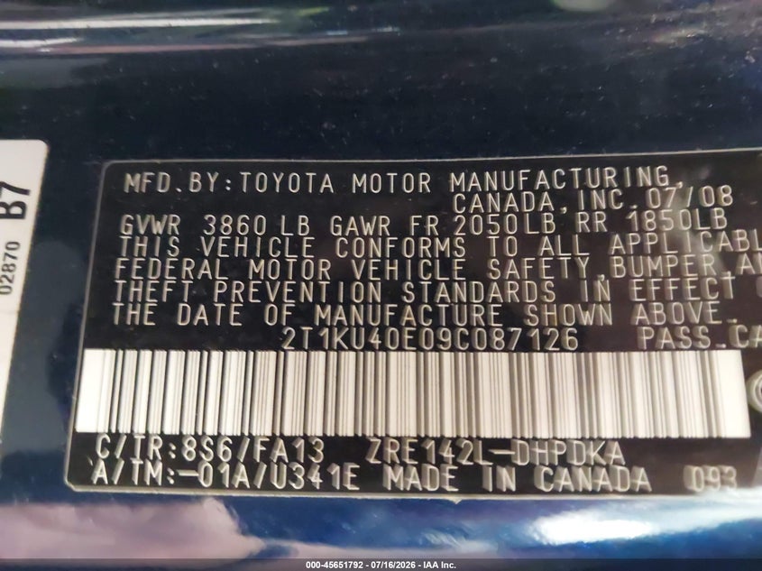 2009 Toyota Matrix VIN: 2T1KU40E09C087126 Lot: 45651792