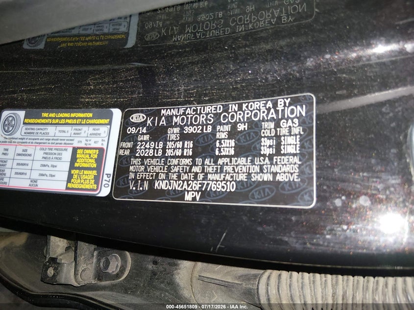 2015 Kia Soul VIN: KNDJN2A26F7769510 Lot: 45651809