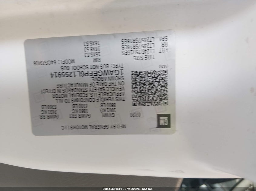 CHEVROLET EXPRESS PASSENGER 2020 VIN 1GAWGEFP6L1255914