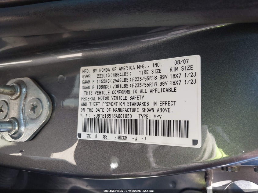 2008 Acura Rdx VIN: 5J8TB18518A001050 Lot: 45651825