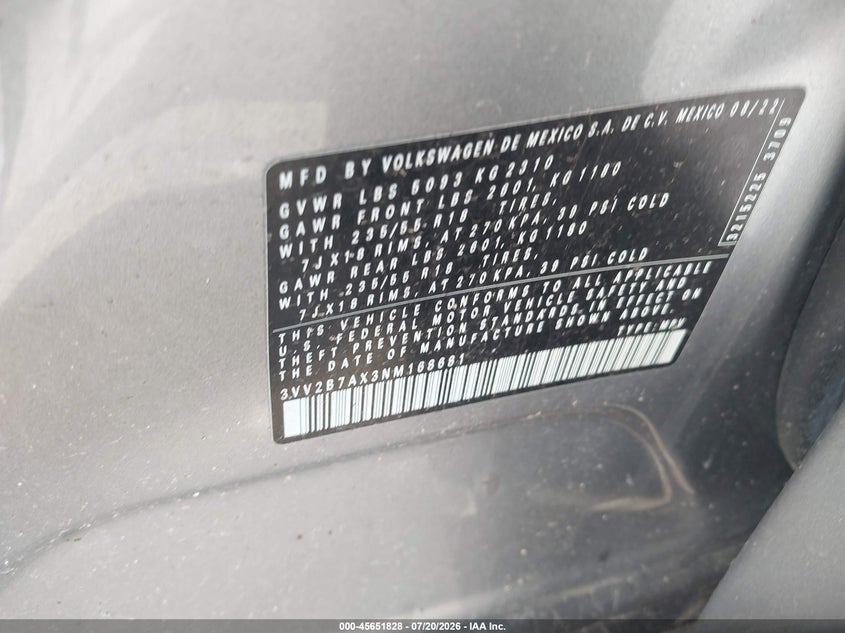 2022 Volkswagen Tiguan 2.0T Se VIN: 3VV2B7AX3NM168681 Lot: 45651828