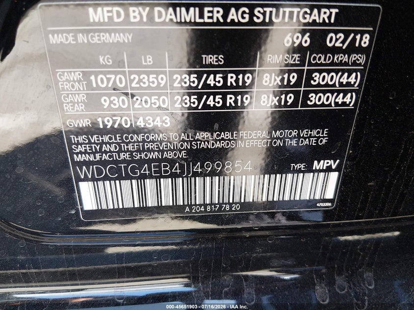 2018 Mercedes-Benz Gla 250 VIN: WDCTG4EB4JJ499854 Lot: 45651903