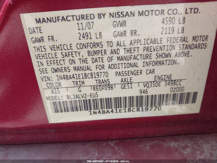 2008 Nissan Maxima 3.5 Se VIN: 1N4BA41E18C819770 Lot: 45651947