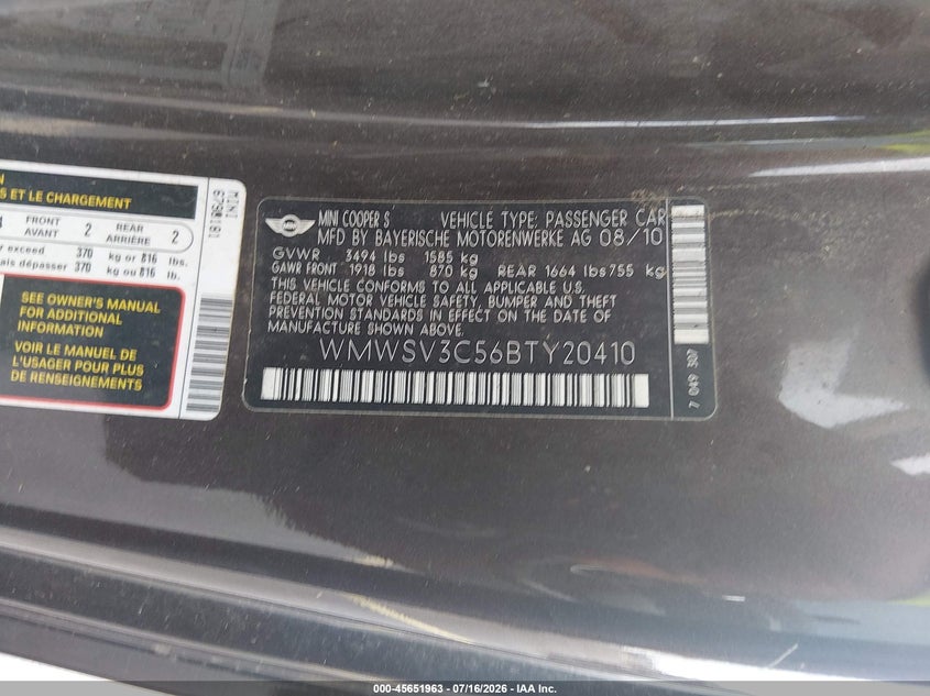 2011 Mini Cooper S VIN: WMWSV3C56BTY20410 Lot: 45651963