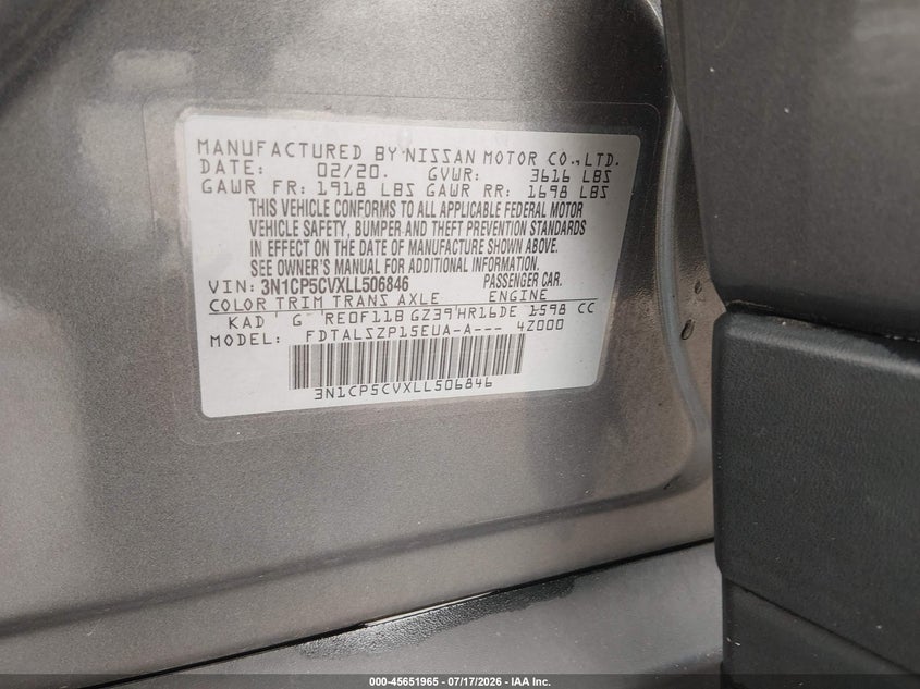 2020 Nissan Kicks Sv Xtronic Cvt VIN: 3N1CP5CVXLL506846 Lot: 45651965