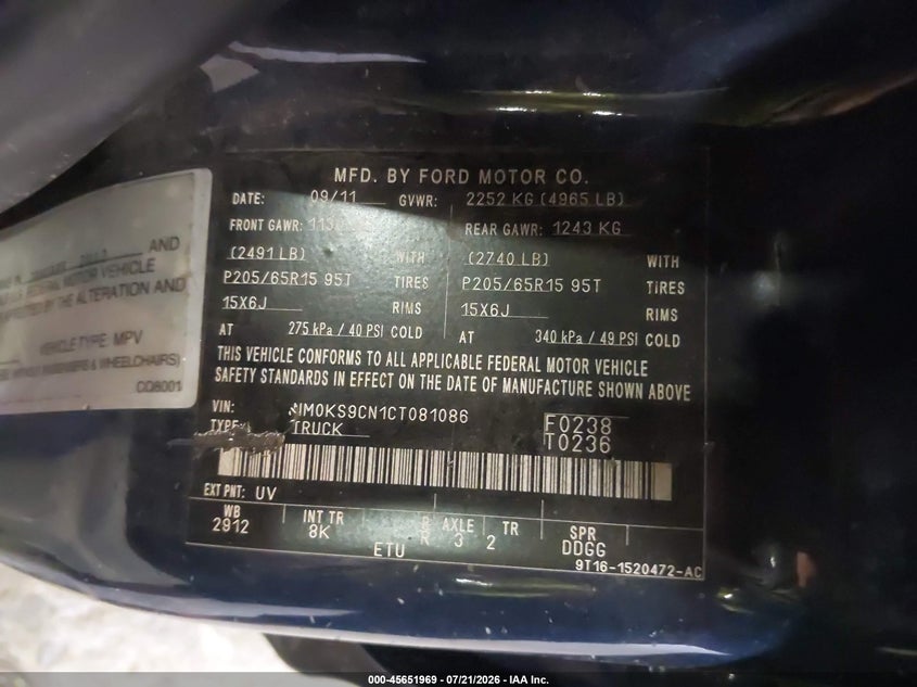 2012 Ford Transit Connect Xlt Premium VIN: NM0KS9CN1CT081086 Lot: 45651969