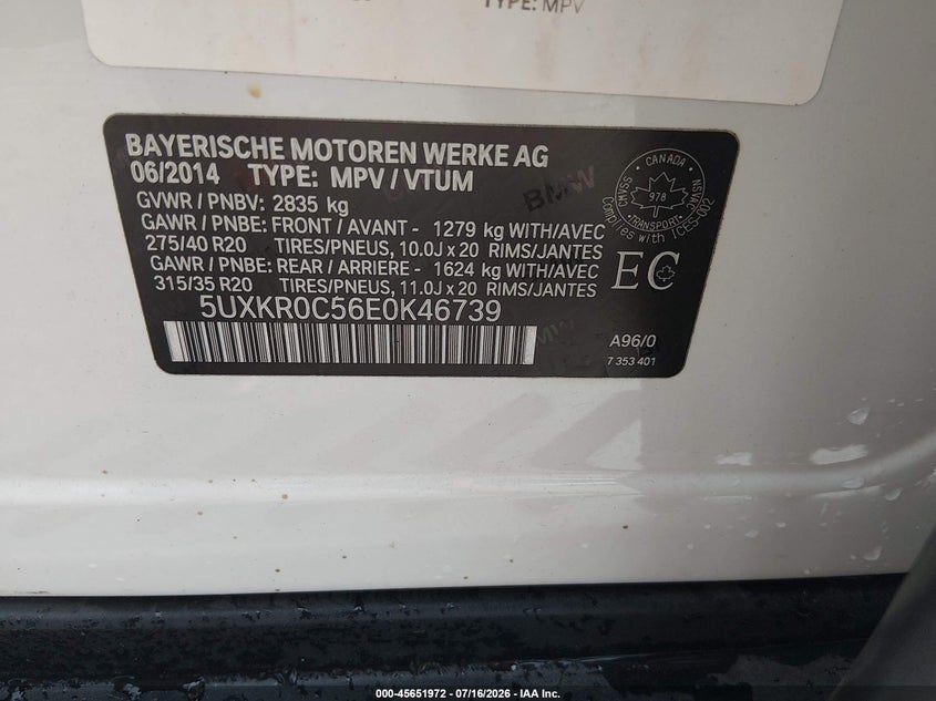 2014 BMW X5 xDrive35I VIN: 5UXKR0C56E0K46739 Lot: 45651972