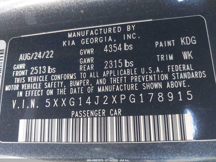 2023 Kia K5 Lxs VIN: 5XXG14J2XPG178915 Lot: 45651979