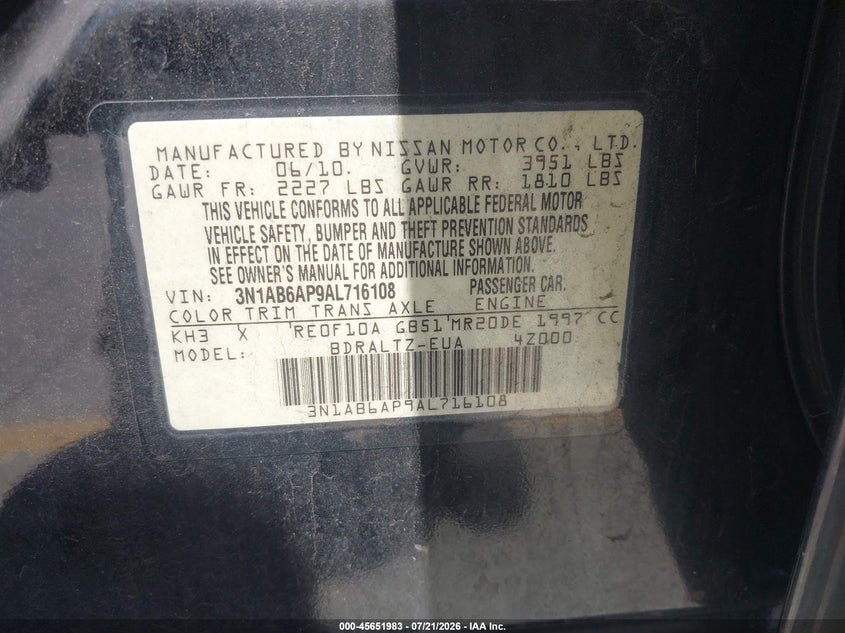 2010 Nissan Sentra 2.0Sr VIN: 3N1AB6AP9AL716108 Lot: 45651983