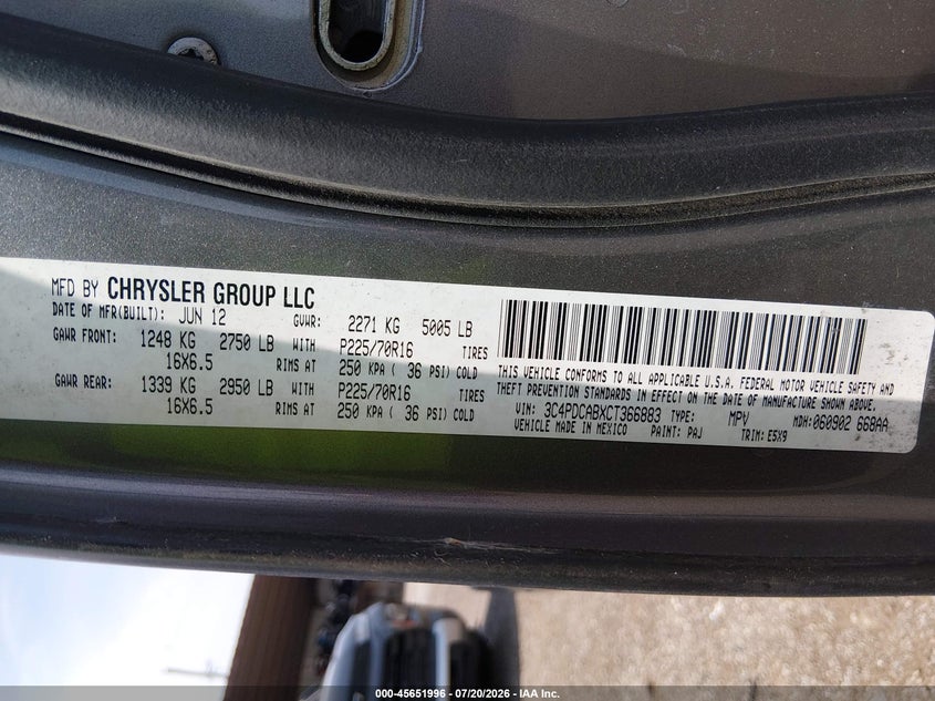 2012 Dodge Journey Se/Avp VIN: 3C4PDCABXCT366883 Lot: 45651996