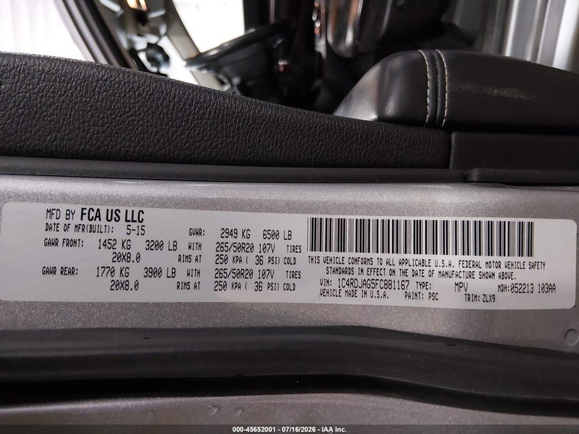 2015 Dodge Durango Sxt VIN: 1C4RDJAG5FC881167 Lot: 45652001