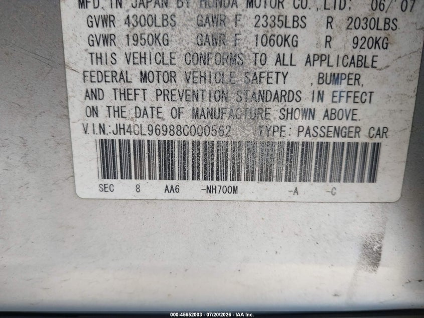 2008 Acura Tsx VIN: JH4CL96988C000562 Lot: 45652003
