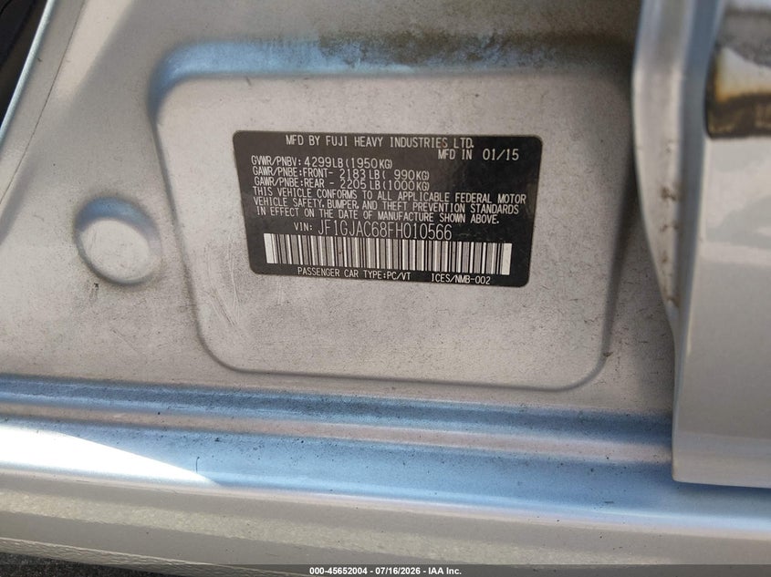 2015 Subaru Impreza 2.0I Premium VIN: JF1GJAC68FH010566 Lot: 45652004