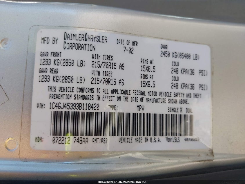 2003 Chrysler Voyager Lx VIN: 1C4GJ45393B118420 Lot: 45652007