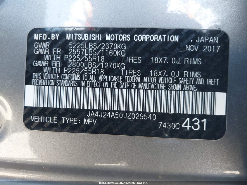 2018 Mitsubishi Outlander Phev Gt VIN: JA4J24A50JZ029540 Lot: 45652054
