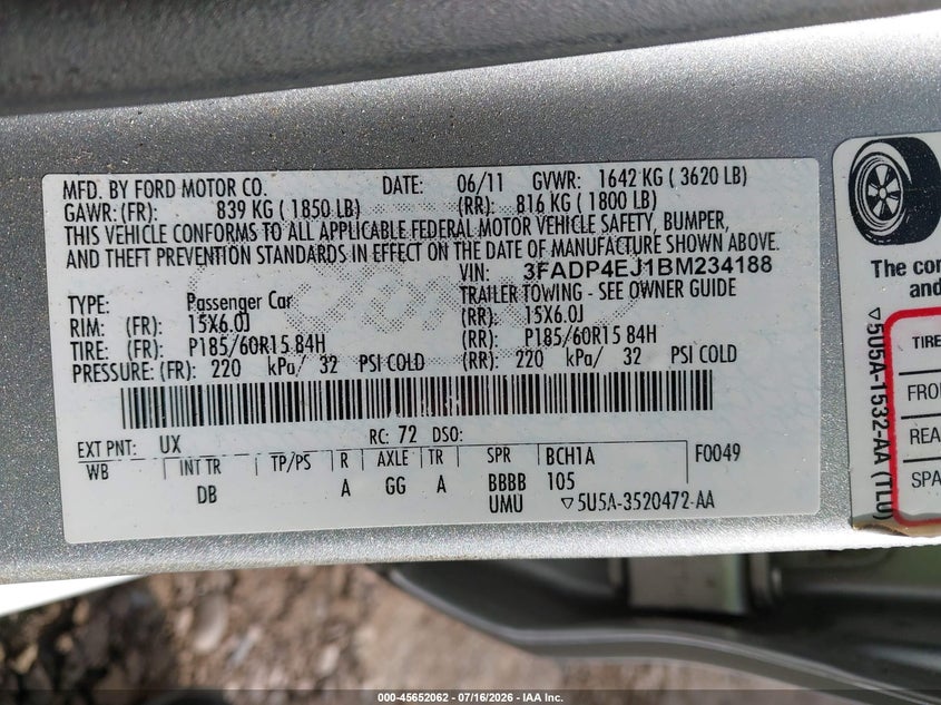 2011 Ford Fiesta Se VIN: 3FADP4EJ1BM234188 Lot: 45652062