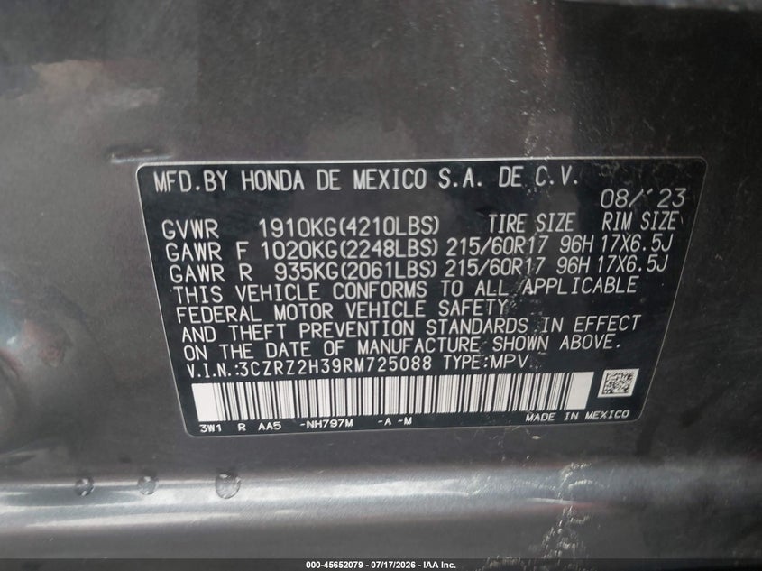 2024 Honda Hr-V Awd Lx VIN: 3CZRZ2H39RM725088 Lot: 45652079