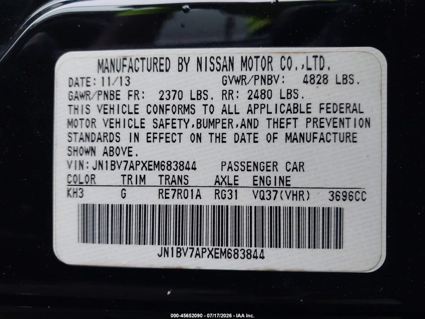 2014 Infiniti Q50 Premium VIN: JN1BV7APXEM683844 Lot: 45652090