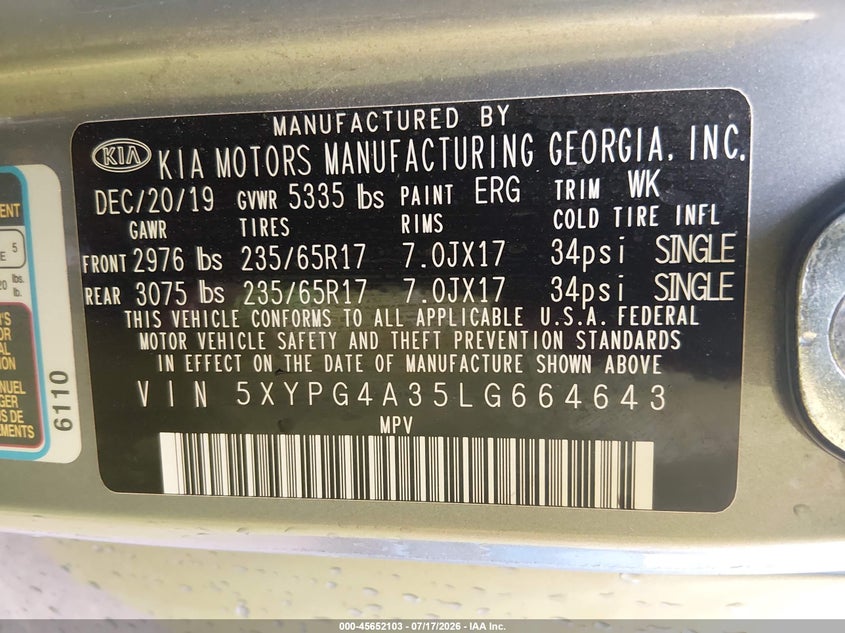 2020 Kia Sorento 2.4L L VIN: 5XYPG4A35LG664643 Lot: 45652103