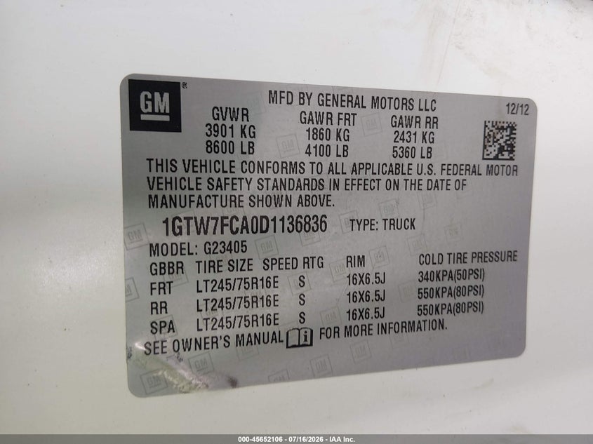 2013 GMC Savana Work Van VIN: 1GTW7FCA0D1136836 Lot: 45652106