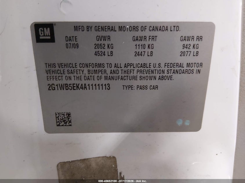 2010 Chevrolet Impala Lt VIN: 2G1WB5EK4A1111113 Lot: 45652108