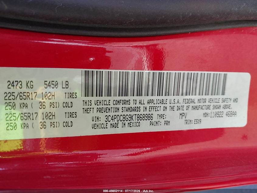2019 Dodge Journey Se VIN: 3C4PDCBG9KT868986 Lot: 45652114