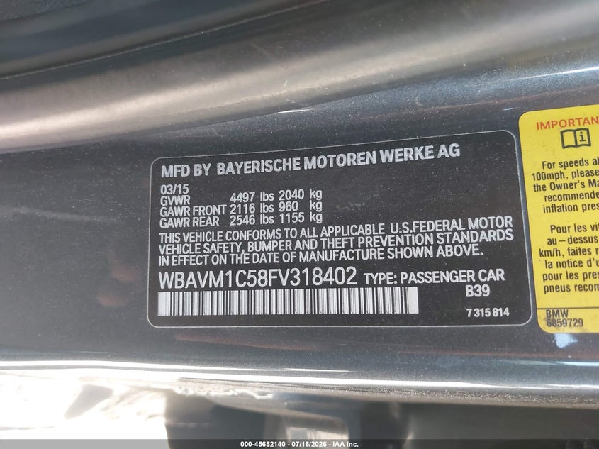 2015 BMW X1 Sdrive28I VIN: WBAVM1C58FV318402 Lot: 45652140