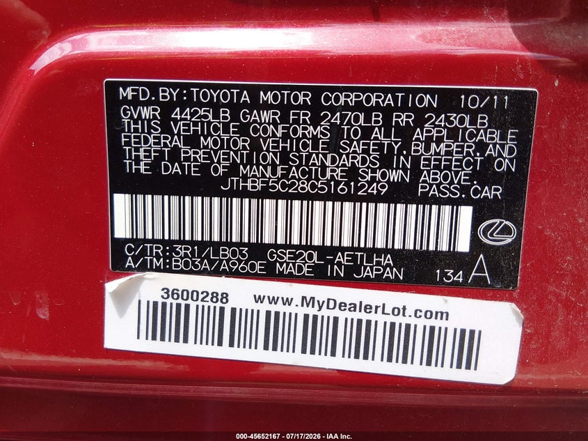 2012 Lexus Is 250 VIN: JTHBF5C28C5161249 Lot: 45652167