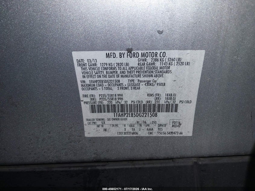 2013 Ford Taurus Sel VIN: 1FAHP2E85DG221508 Lot: 45652171