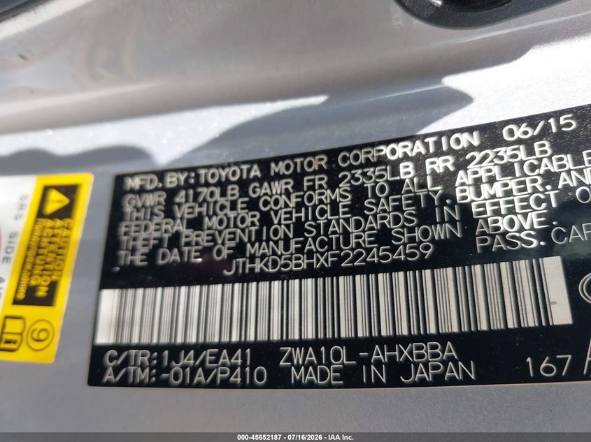 2015 Lexus Ct 200H VIN: JTHKD5BHXF2245459 Lot: 45652187