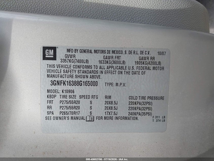 2008 Chevrolet Suburban 1500 Ltz VIN: 3GNFK16388G165000 Lot: 45652196